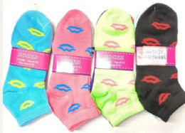 240 Wholesale Women Ankle Socks Kiss Design Assorted Color Size 9 - 11