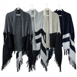 12 Bulk Jack And Missy Alpine Poncho Shawl Wraps With Two Tone Stripes And Fringed Ends