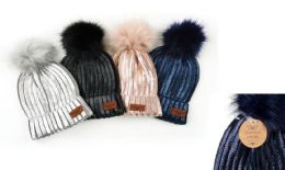 24 Wholesale Britt's Knits Women's Glacier Knit Ribbed Hats With Faux Fur Pom Poms