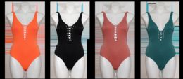 24 Pieces Junior Fashion One Piece Ribbed Swimsuits With Adjustable Lace Center - Womens Swimwear