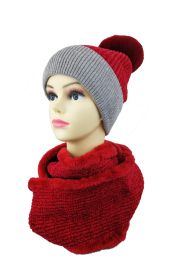 24 Bulk Dual Color Design Pom Pom Winter Hat And Infinity Scarf Set Fleece Lined
