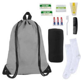24 Bulk Deluxe Hygiene Kit Includes Drawstring, Socks, Blanket & 10 Toiletries - Assorted Colors