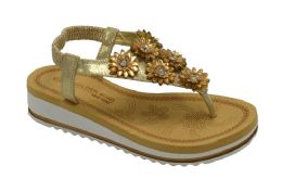 12 Wholesale Platform Sandals For Women Bohemian Flowers Rhinestone Soft Sole Open Toe Casual Chain In Gold Color Size 5-10
