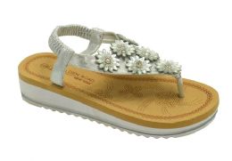 12 Wholesale Platform Sandals For Women Bohemian Flowers Rhinestone Soft Sole Open Toe Casual Chain In Silver Color Size 5-10
