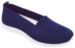 12 Wholesale Women Slip On Loafers Breathable Knit Casual Flat Walking Shoes Color Navy Size 5-10
