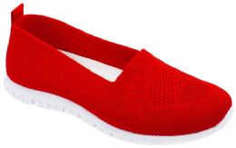 12 Wholesale Women Slip On Loafers Breathable Knit Casual Flat Walking Shoes Color Red Size 6-10