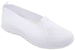 12 Wholesale Women Slip On Loafers Breathable Knit Casual Flat Walking Shoes Color White Size 5-10