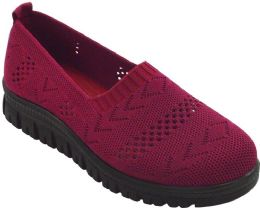 12 Wholesale Women Slip On Loafers Breathable Knit Casual Flat Walking Shoes Color Burgundy Size 5-10