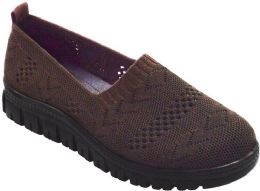 12 Wholesale Women Slip On Loafers Breathable Knit Casual Flat Walking Shoes Color Brown Size 6-10