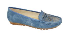 24 Wholesale Women Comfortable Leather Moccasins Round Toe Casual Moccasins Flats Shoes Ladies Soft Walking Shoes Slip On Color Blue Size 5-10