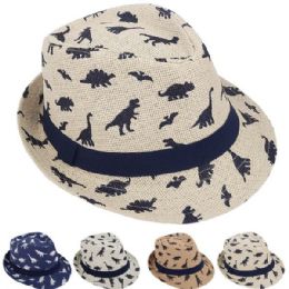 24 Wholesale Tan Paper Straw Casual Black Banded Kid Trilby Fedora Hat