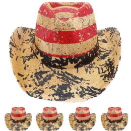 24 Pieces High Quality Paper Straw Red Striped Cowboy Hat - Cowboy & Boonie Hat