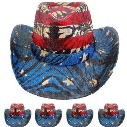 24 Pieces High Quality Paper Straw Red Striped Blue Brim Cowboy Hat - Cowboy & Boonie Hat