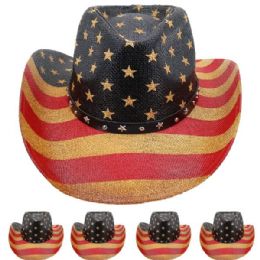 24 Wholesale High Quality Paper Straw American Flag Black Band Cowboy Hat