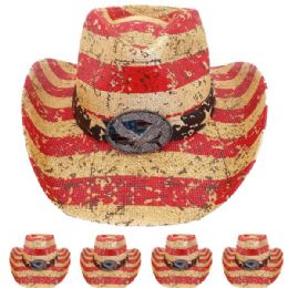 24 Pieces High Quality Paper Straw Red Stripe Eagle Band Cowboy Hat - Cowboy & Boonie Hat