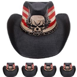 24 Pieces High Quality Paper Straw Winged Skull Cowboy Hat - Cowboy & Boonie Hat