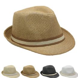 36 Wholesale Elegant Straw Trilby Fedora Hat With Ribbon Band