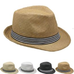 24 Bulk Adult Trilby Fedora Straw Hat Set With Stripe Band