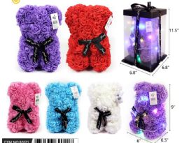12 of 10" Asst Color Rose Bear With Blk Bow In Box With Light