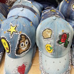 24 Wholesale Emoji Rhinestones Bling Denim Ball Cap