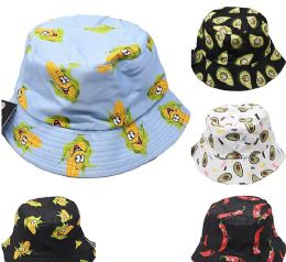 24 Wholesale Assorted Food Pattern Bucket Hat Two Layer Lining