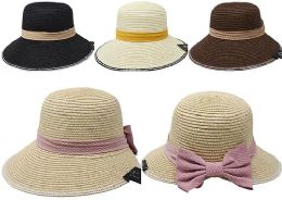 24 Bulk Women Mix Color Two Tone Ribbon Paper Beach Hat