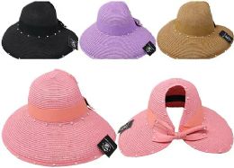 24 Bulk Women Mix Color Ribbon Style, Ponytail Hole Pearl Paper Beach Hat
