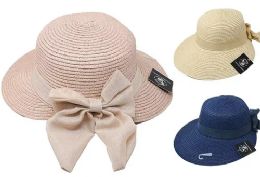 24 Bulk Women Mix Color Ribbon Style Paper Beach Hat
