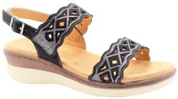 12 Wholesale Women's Sandals Wide Flat Platform Sandals Strap Fashion Summer Open Toe Color Black Size 5-10