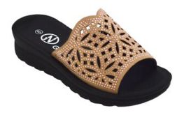 12 Wholesale Fashion Platform Rhinestone Sandals For Women Sole Open Toe In Color Gold Size 5-10