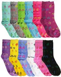 24 Wholesale Yacht & Smith Women's Music Note Print Crew Socks Size 9-11