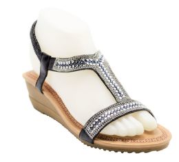 12 Wholesale Fashion Rhinestone Platform Sandals For Women Ankle Strap Sole Open Toe In Color Black Size 5-10