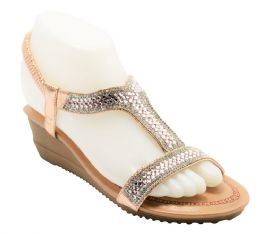 12 Wholesale Fashion Rhinestone Platform Sandals For Women Ankle Strap Sole Open Toe In Color Champagne Size 5-10