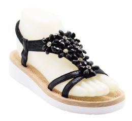 12 Wholesale Fashion Sandals For Women Bohemian Flowers Ankle Strap Sole Open Toe In Color Black Size 5-10