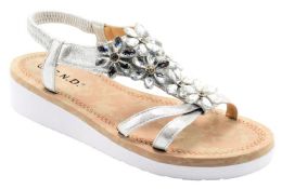 12 Wholesale Fashion Sandals For Women Bohemian Flowers Ankle Strap Sole Open Toe In Color Silver Size 5-10