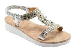 12 Wholesale Fashion Sandals For Women Bohemian Flowers Sole Open Toe In Color Silver Size 5-10