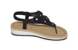 12 Wholesale Fashion Rhinestone Sandals For Women Sole Open Toe In Color Black Size 5-10