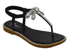 12 Wholesale Fashion Flat Sandals Rhinestone For Women Sole Open Toe In Color Black Size 5-10
