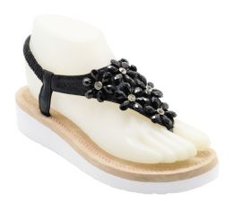 12 Wholesale Fashion Platform Sandals Flowers Rhinestone For Women Sole Open Toe In Color Black Size 5-10