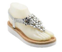 12 Wholesale Fashion Platform Sandals Flowers Rhinestone For Women Sole Open Toe In Color Silver Size 5-10