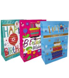144 Pieces Happy Birthday Lg Gift Bag Glossy - Gift Bags Everyday