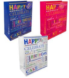 144 Pieces Happy Birthday Lg Gift Bag Premium Wish - Gift Bags Everyday