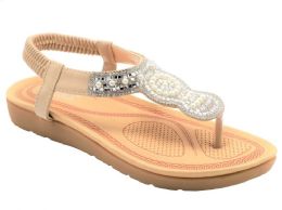 12 Wholesale Fashion Flat Sandals For Women Sole Open Toe In Color Beige Size 5-10
