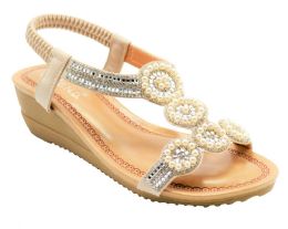 12 Wholesale Women Fashion Rhinestone Platform Sandals Peep Toe Beige Color Size 5-10