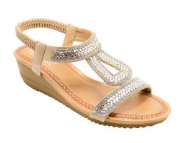 12 Wholesale Women Fashion Rhinestone Platform Sandals Peep Toe Beige Color Size 5-10