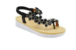 12 Wholesale Fashion Sandals Flowers Rhinestone For Women Sole Open Toe In Color Black Size 5-10