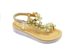 12 Wholesale Fashion Sandals Flowers Rhinestone For Women Sole Open Toe In Color Gold Size 5-10