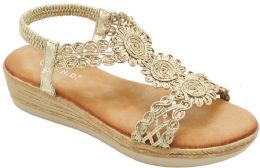 12 Wholesale Fashion Rhinestone Sandals For Women Ankle Strap Sole Open Toe In Color Gold Size 5-10