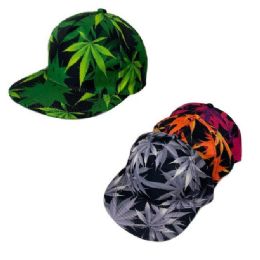 36 Pieces Snap Back Flat Bill Hat Silky Psychedelic Marijuana Assorted Colors - Baseball Caps & Snap Backs