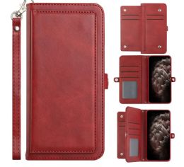 12 Wholesale Premium Pu Leather Folio Wallet Front Cover Case With Card Holder Slots And Wrist Strap In Red
